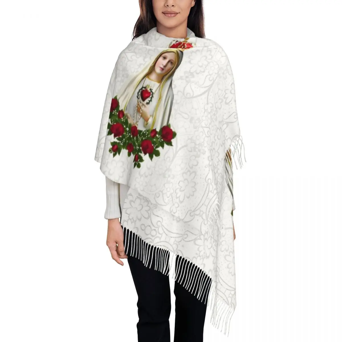 

Шарф Девы Марии для женщин, осенне-зимние шали из пашмины и накидка, большие католические шарфы с кисточками, повседневная одежда