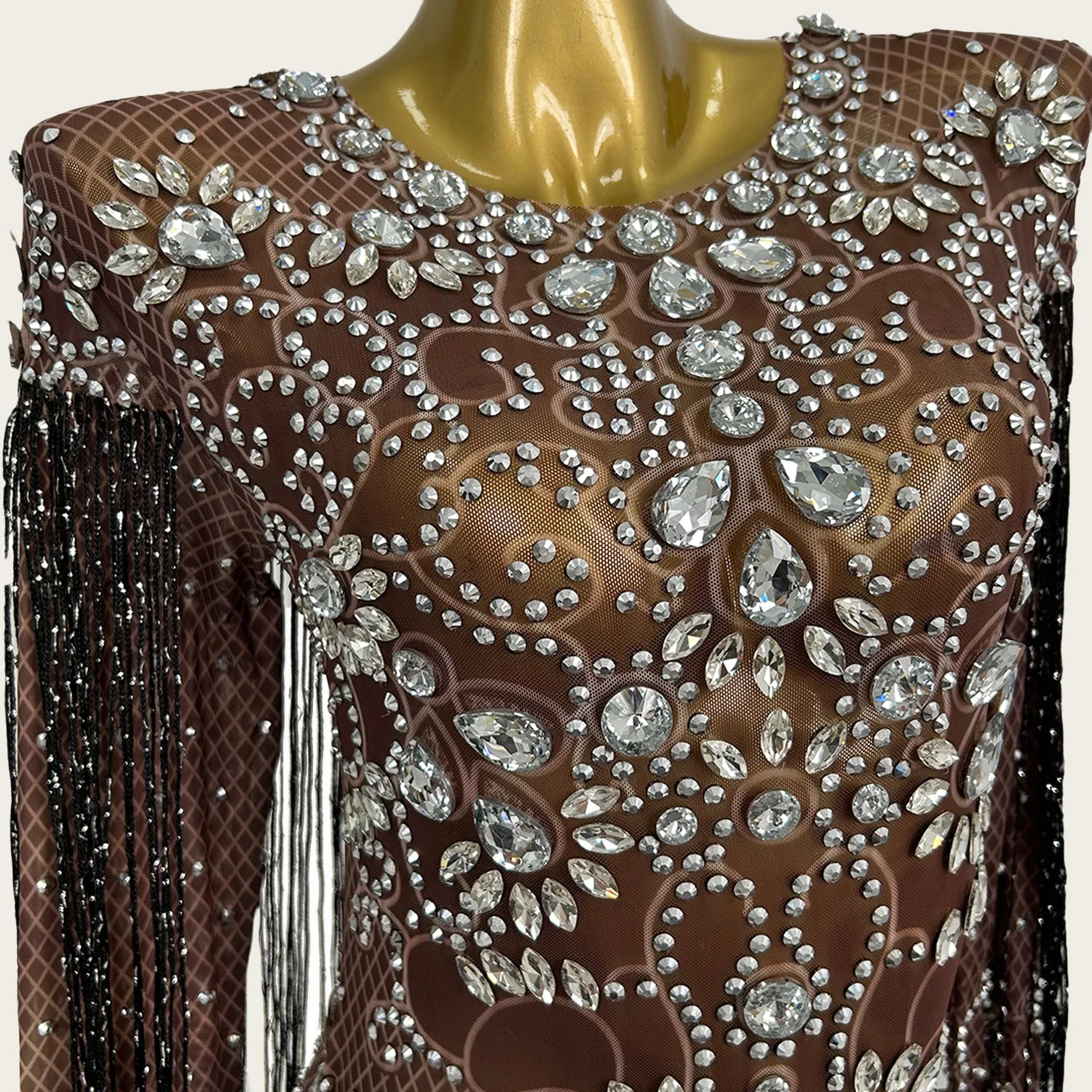 

Long Tassel Dark Brown See Through Mesh Dresses Sexy Women Couture Sparkly Rhinestone Elegant Evening Gown Event Outfit Hualan