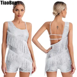 Womens Tassel Tango Latin Dance Leotard Glittery Sequins Jumpsuit Irregular Shoulder Straps Fringed Ballroom Dance Bodysuit