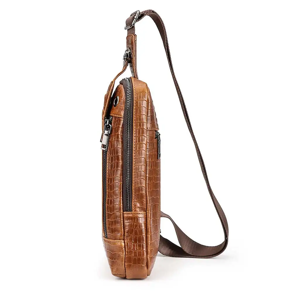 HUMERPAUL Cowhide Crocodile Grain Men\'s Chest Pack Alligator Pattern Carry Bags Fashion Shoulder Bag Male Travel Crossbody Bag