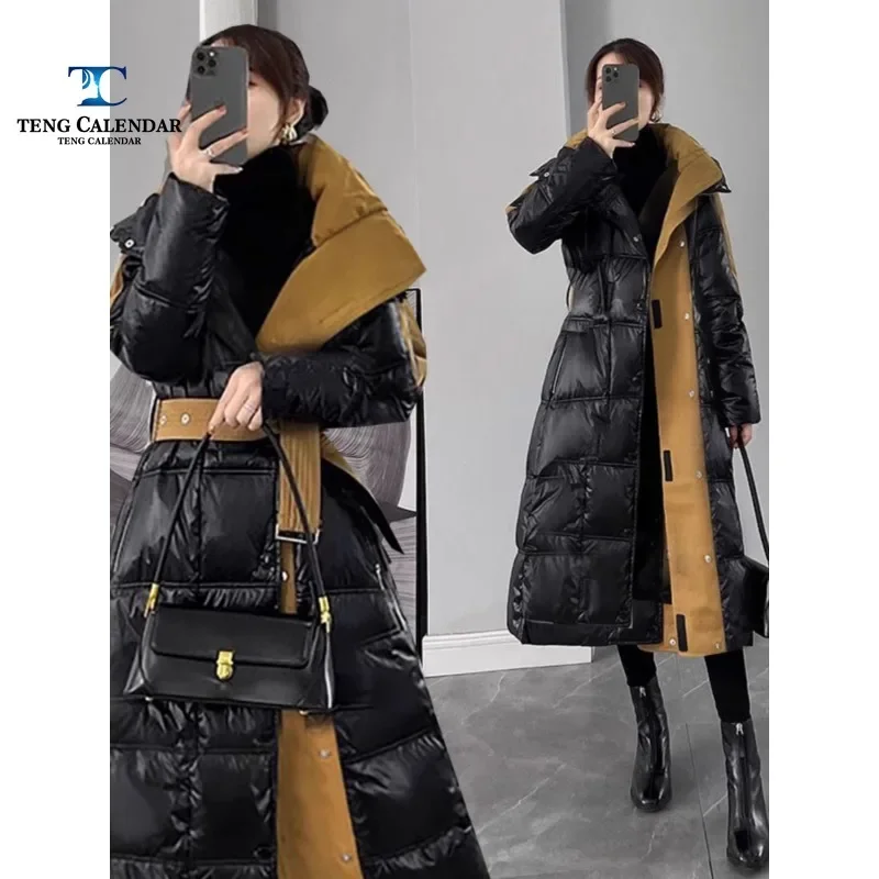 Black Down Jacket, Glossy Long and Knee Contrasting Patchwork, Thick Jacket, High-end Wash Free, New Winter Edition, 2022 Editio