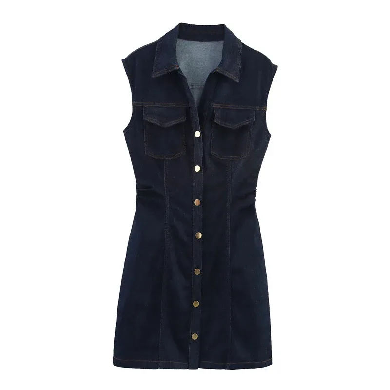 

Elegant Slim Fit Denim Mini Dress Solid Color Single Breasted Lapel Pocket Short Female Summer Sexy Fashion for Ladies 2025