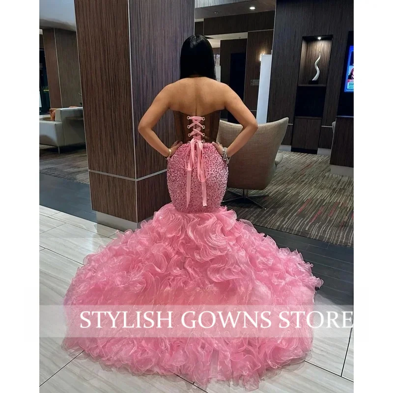 Customized African Pink Ruffles Prom Dress Crystal Beads Mermaid Party Gown Black Girls Vestidos De Festa
