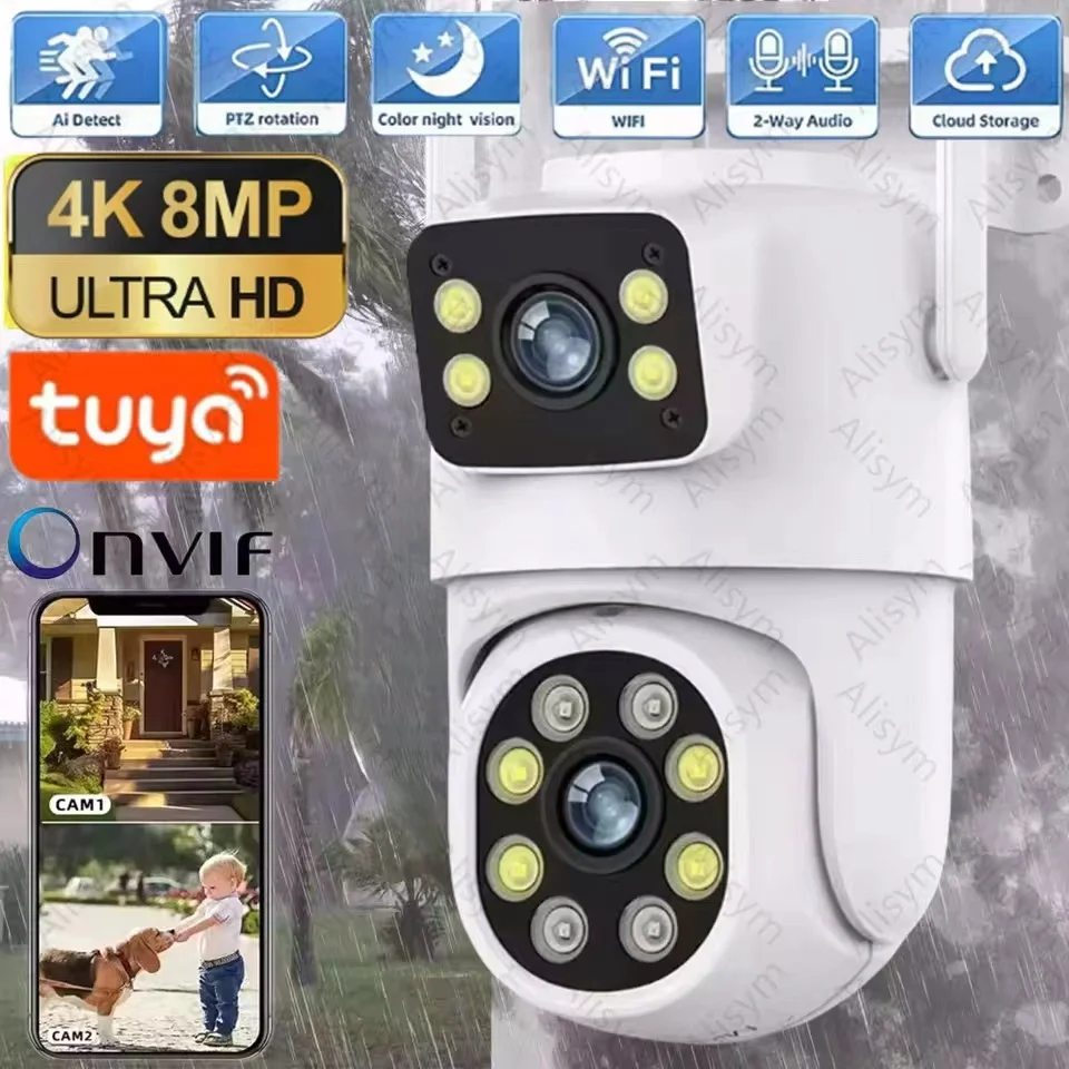4K 8MP Tuya Dual Lens WIFI Camera PTZ Outdoor Dual Screen Ai Human Auto Tracking Security Camera Surveillance with Alexa Google