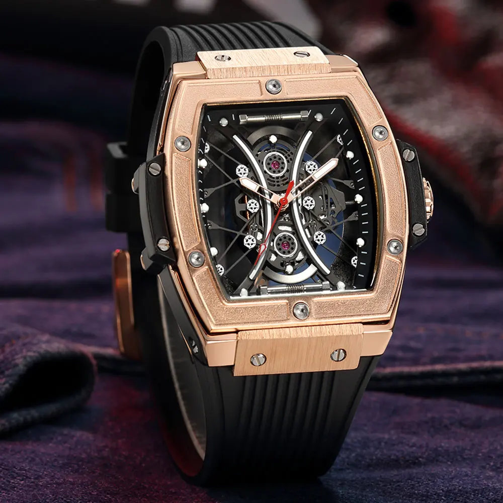 MEGIR & RUIMAS Quartz Watch Men with Tonneau Dial Rose Gold Military Sport Luminous Analog Wristwatch with Silicone Strap 334