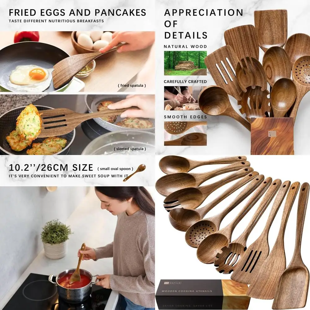 

10-Piece Acacia Wood Cooking Utensil Set: Wooden Spatulas & Spoons for Everyday Kitchen Use