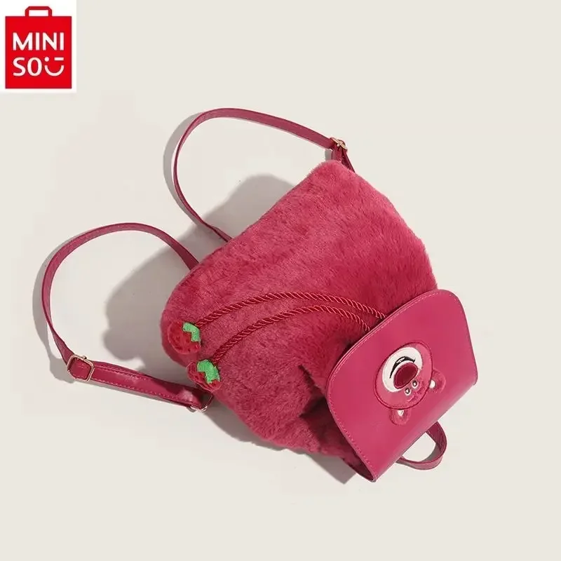 MINISO Disney Strawberry Bear Women's Fashion High Quality Large Capacity Drawstring Plush Sweet and Versatile Storage Backpack