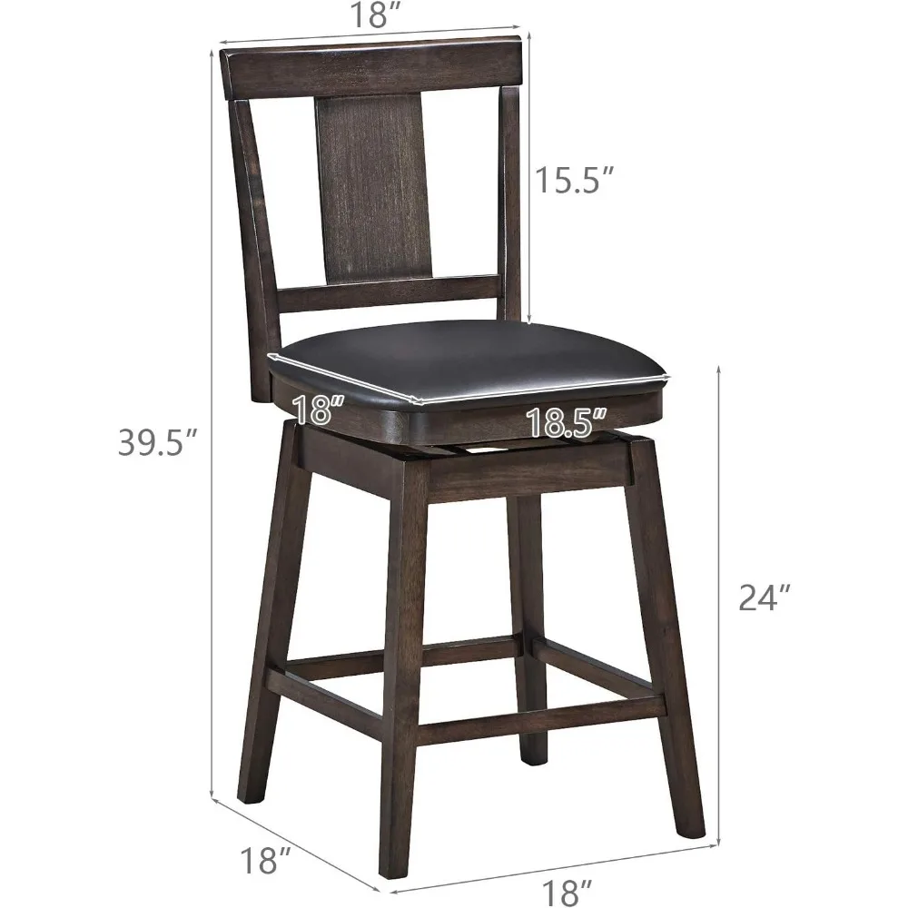 Juego de 3 taburetes de bar giratorios de 360 grados, taburete de bar de madera con altura de mostrador, asiento acolchado de cuero, respaldo de listones individuales y caucho macizo