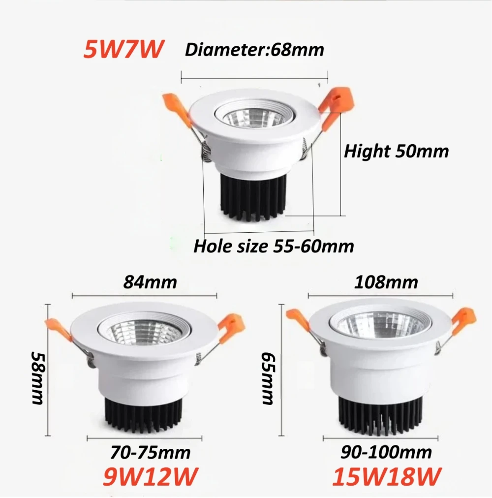 High-performance Embedded LED Downlight Angle Adjustable 5W7W9W12W15W18W COB Anti-Glare Dimmable Ceiling Light Spotlights