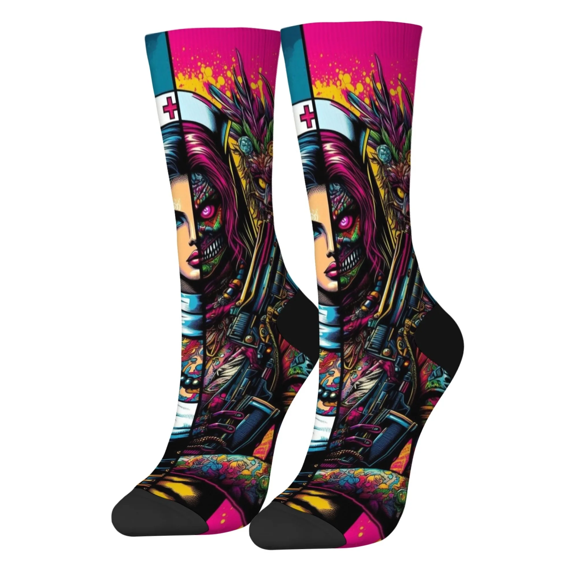 Двусторонние носки для медсестры и черепа в стиле киберпанк, уличная одежда, дышащие, мягкие, теплые, идеально подходят для сумасшедшего подарка, повседневная одежда