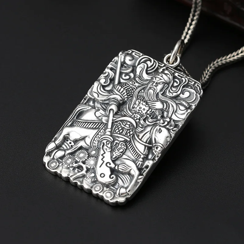 S999 Sterling Silver Guan Yu Pendant Black Color Old Process Relief Design Unisex Six Words Fine Jewelry FYNE351