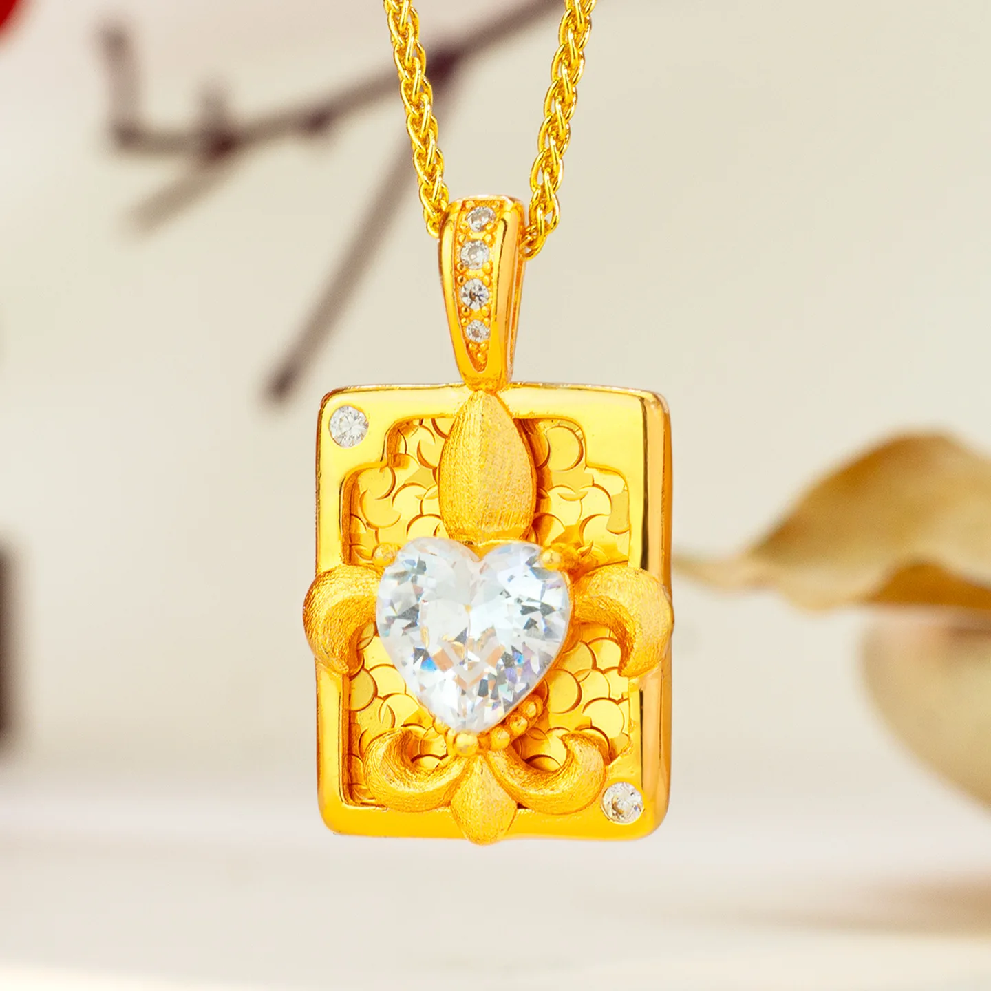 

Luxury 24K 9999 Pure Gold real gold Women's wiredrawing and diamond love iris pendant clavicle chain