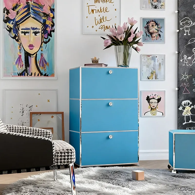 Three-bucket cabinet, living room, bedroom against the wall, medieval storage, stainless steel modular side cabinet