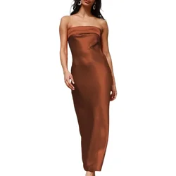 Satin Halter Tube Top Maxi Dress Women Low Back Hollow Elegant Strapless Maxi Dress Wedding Guest
