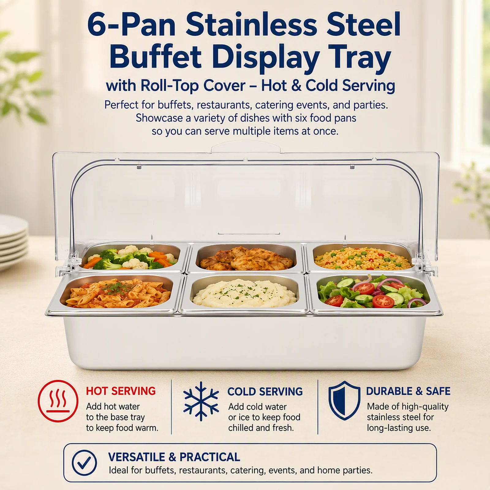 6-Pan Ice Food Display Tray – Stainless Steel + PC – Hot & Cold – Roll Top Cover – for Buffet Party – 21