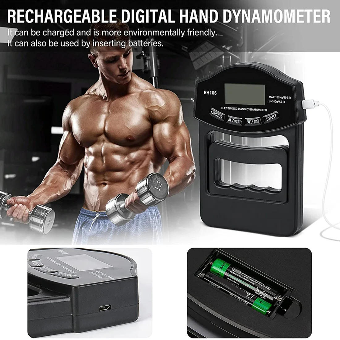 New Grip Strength Tester, 396Lbs/180Kg Digital Hand Dynamometer Grip Strength Meter USB LCD Screen Hand Grip Dynamometer