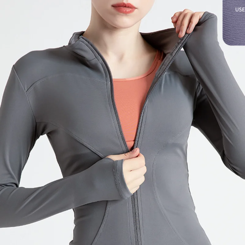 

Women Athletic Sport Shirts Slim Fit Long Sleeved Fitness Coat Yoga Women Zipper Hooded Jogging Fitness Top Blouse Yoga Jacket