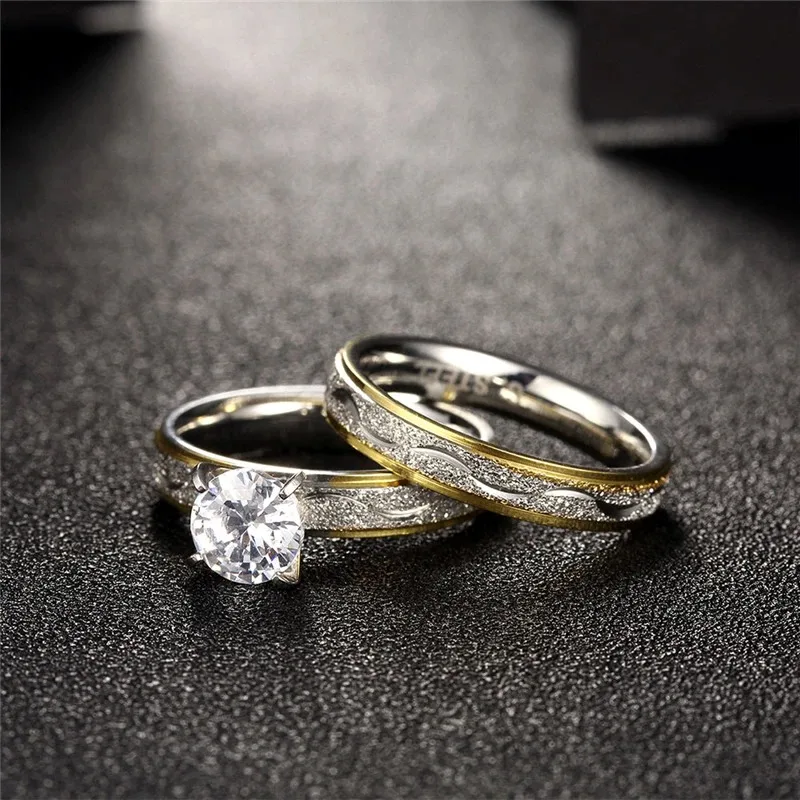 Couple Rings Exquisite Women Rhinestones Zirconia Rings Set Simple Men Stainless Steel Ring Wedding  Jewelry Gifts For Lover