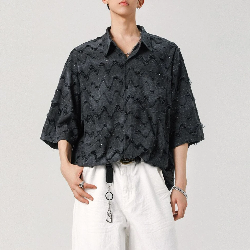

Mens Shirt Corrugated Casual Ballroom Shirt Summer Streetwear Fashion Retro Personality Short-Sleeve Top Men'S Clothing 2025 New