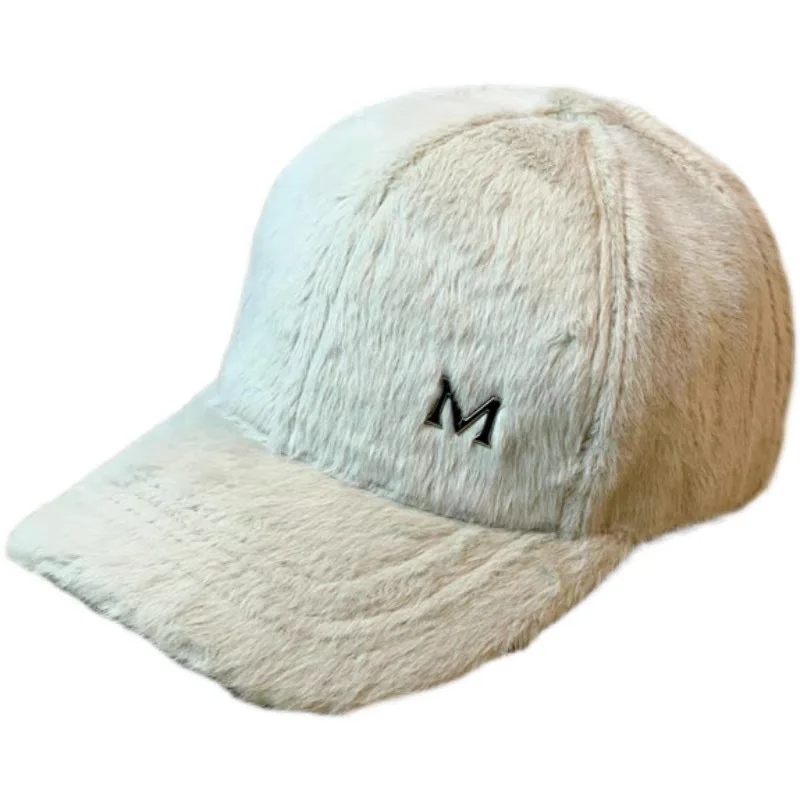 Winter Thickened Ladies Fur Hat Letter M Baseball Cap Retrro Caps Women Bone Gorras Curved Fitted Washed Vintage Dad Hats