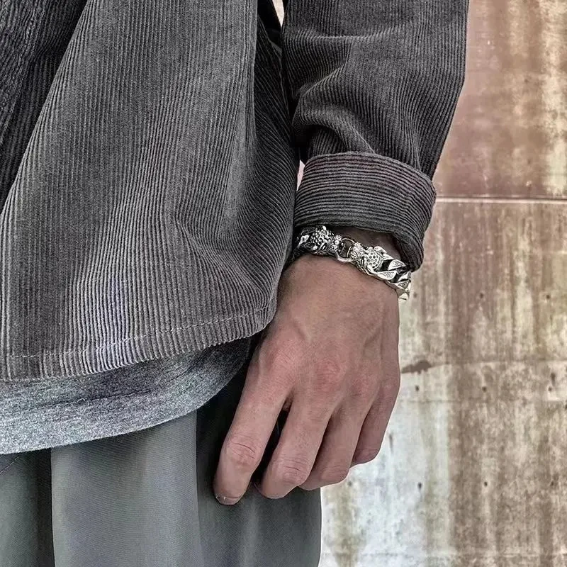 Luxury S925 Leopard Braided Double Leopard Head Bangle Men's Vintage Handmade Silver Bangle Holiday Gift Wholesale