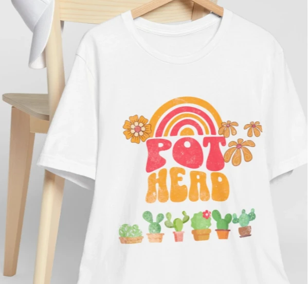 Cute Cactus Pot Head Graphic T-Shirt, Casual Short Sleeve Succulent Plant Boho Rainbow Tee Shirt for Plant Lovers Boho Y2k Top