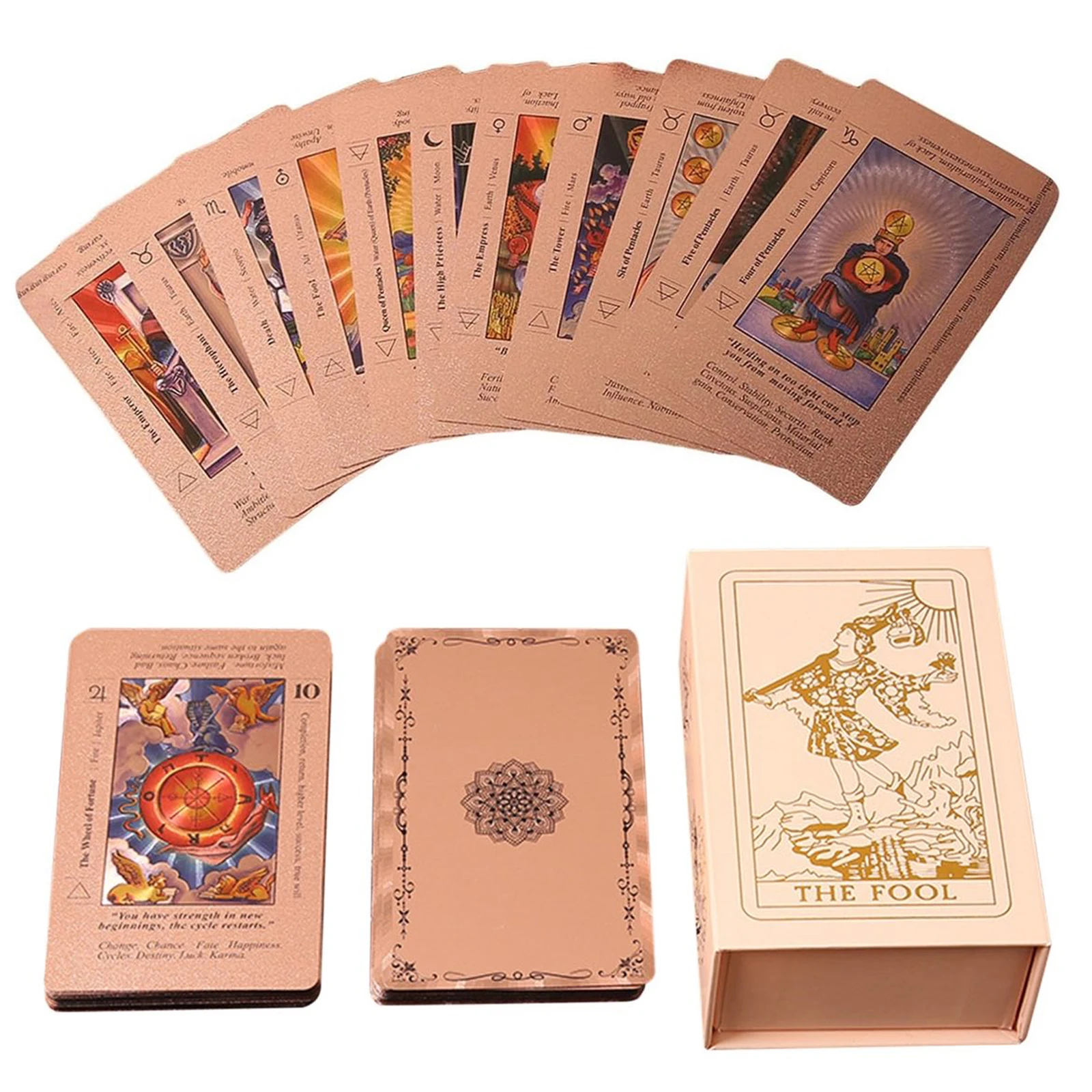 78-teiliges Klassisches Mystisches Wahrsage-Set mit Anleitungsbuch Roségold Wasserfeste Tarotkarten mit Bedeutungen darauf für Anfänger