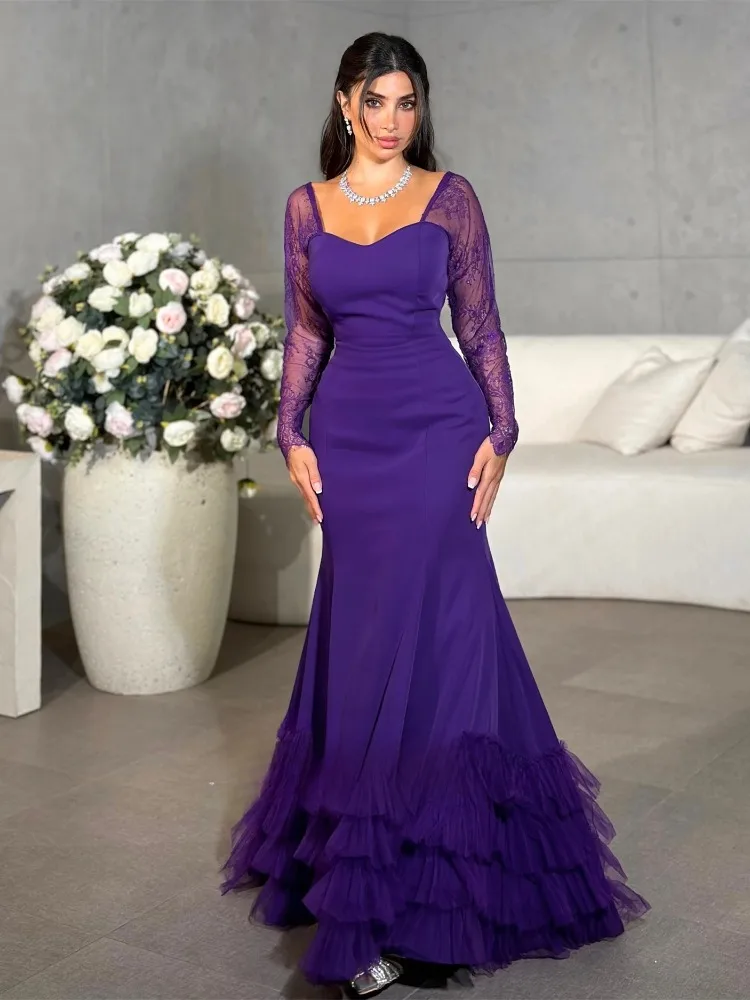 Vintage Lila Meerjungfrau Ballkleider Lange Spitzenärmel Rüschen Bodenlanges Abendpartykleid Cocktailkleid