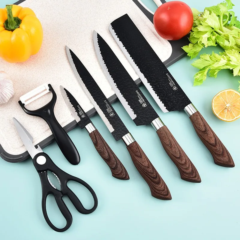 6PCS Forged Kitchen Chef Knife Set Stainless Steel Meat Fish Fruit Knife Ceramic Peeler Kitchen Scissors Butcher Cleaver Knives