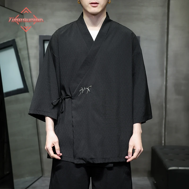 

Fashion Costume Embroidery Hanfu Shirts Mens Chinese Style Robe Cardigan Jacket Oversized Kimono 5XL Ancient Zen Layman