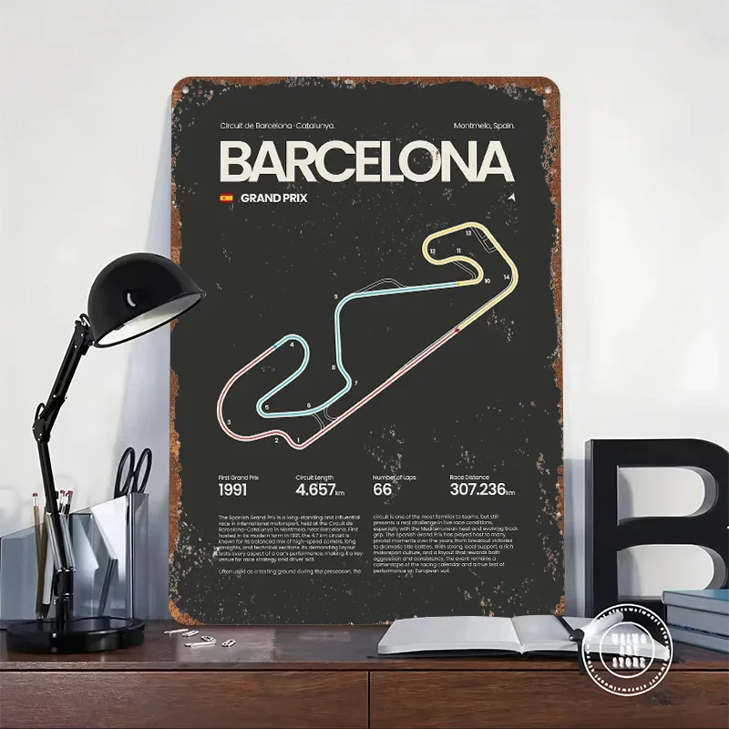 Barcelona Circuit Map Tinplate Poster Customized Wall Art Vintage Retro Metal Signs for Room Decoration Gaming Bar Accessories