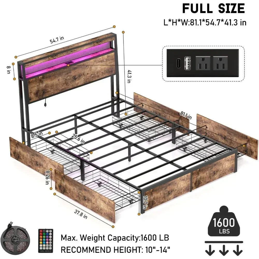 Full Size Bed Frame, Headboard with Charging Station and LED Lights,  Solid Wood Headboard Storage,Noise Free, Remote, Bed Frame