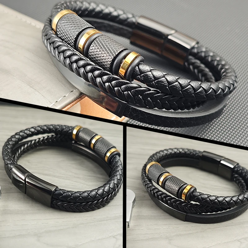 The Last of Us Luxury Mens Leather Bracelet Stainless Steel Black+Goden Bracelet with Beaded Casual Personality Male Jewelry