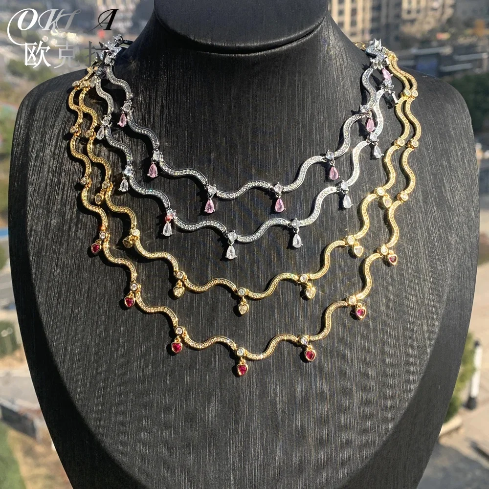 

New S-shaped Pink White Water Drop Zircon Charm Pendant Necklace Hip Hop Women Men Full Paved 5a Cubic Zirconia Charm Jewelry