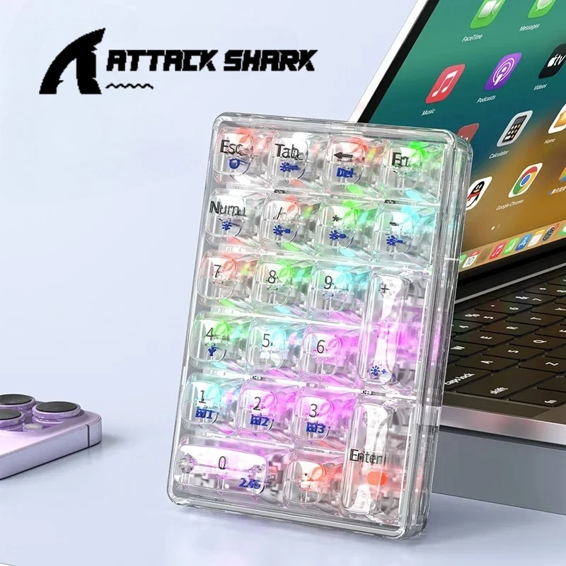 

ATTACK SHARK K21 21-клавишная механическая клавиатура, трехрежимная, прозрачная, полностью с возможностью горячей замены клавиш, 2,4G, беспроводная связь Bluetooth Type-C