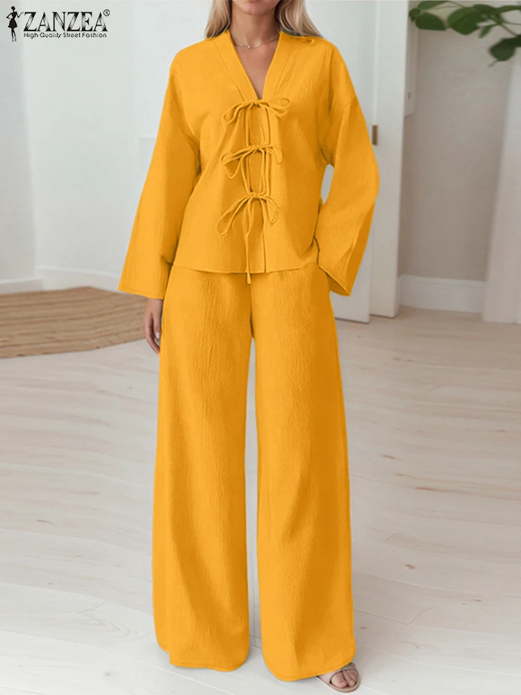 

ZANZEA, осенняя одежда из 2 предметов, женские модные одинаковые комплекты 2025 года, повседневная блузка с длинными рукавами и брюками, элегантный однотонный спортивный костюм для работы