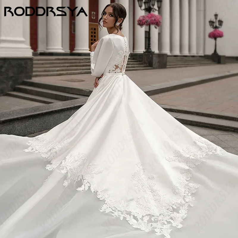 RODDRSYA Luxury Long Sleeve Deep V-Neck Wedding Dress Pearl Back A-line Bridal Party Cathedral Train Soft Satin Robe De Mariée