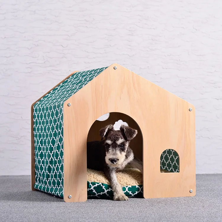 Solid Wood House Shaped Pet Beds Furniture Printed Dog House Indoor Dog Bed