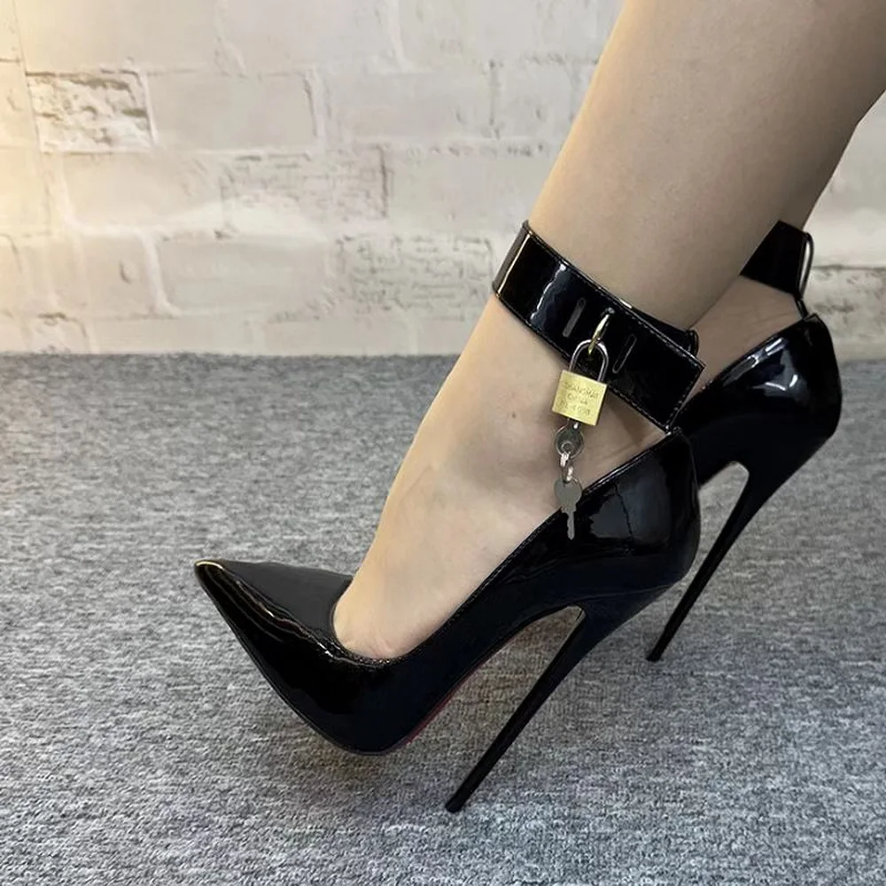 

Туфли-лодочки из лакированной кожи на высоком каблуке 16/14 см, женские туфли-лодочки, унисекс обувь для фетиша и косплея, с ремешком на щиколотке, заостренный носок, индивидуальные цвета