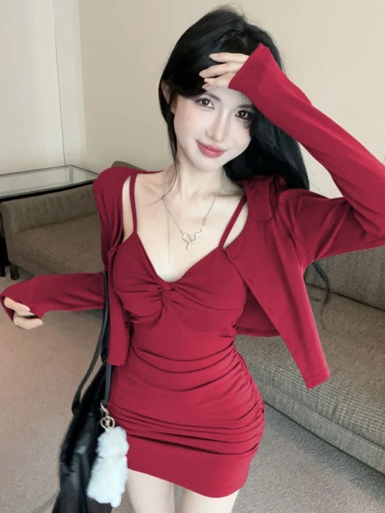 

Pure Desire Sexy Low V-Neck Wrap Body Strap Dress Spring Autumn Short Long Sleeve Cardigan Shoulder Two-Piece Set Women's Fas...