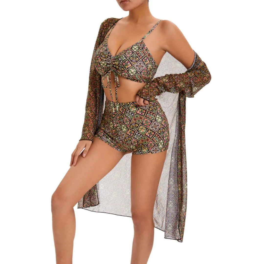 

New beach vacation net gauze long sleeve sun-protective clothing high waisted three-piece suit