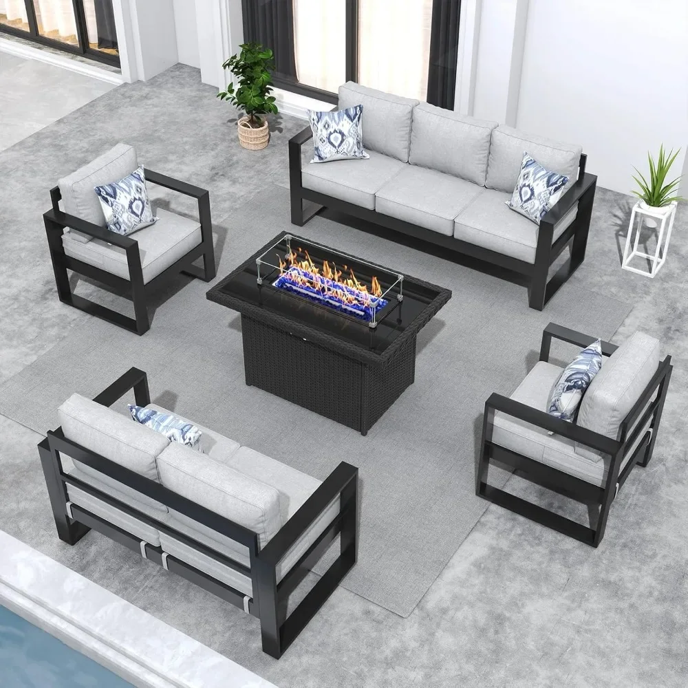 

5 Piece Aluminum Patio Furniture Set with Fire Pit Table Sectional Conversation Seating Sets Garden Furniture Sets