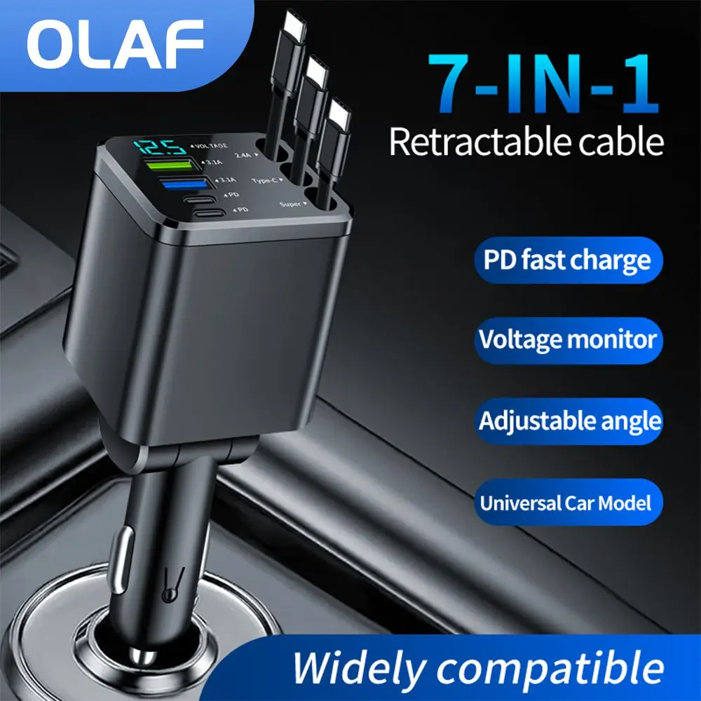 

Автомобильное зарядное устройство 7 в 1, выдвижной адаптер для автомобильного прикуривателя, USB-кабель для быстрого зарядного устройства типа C для iPhone 15 16 Xiaomi Huawei Samsung