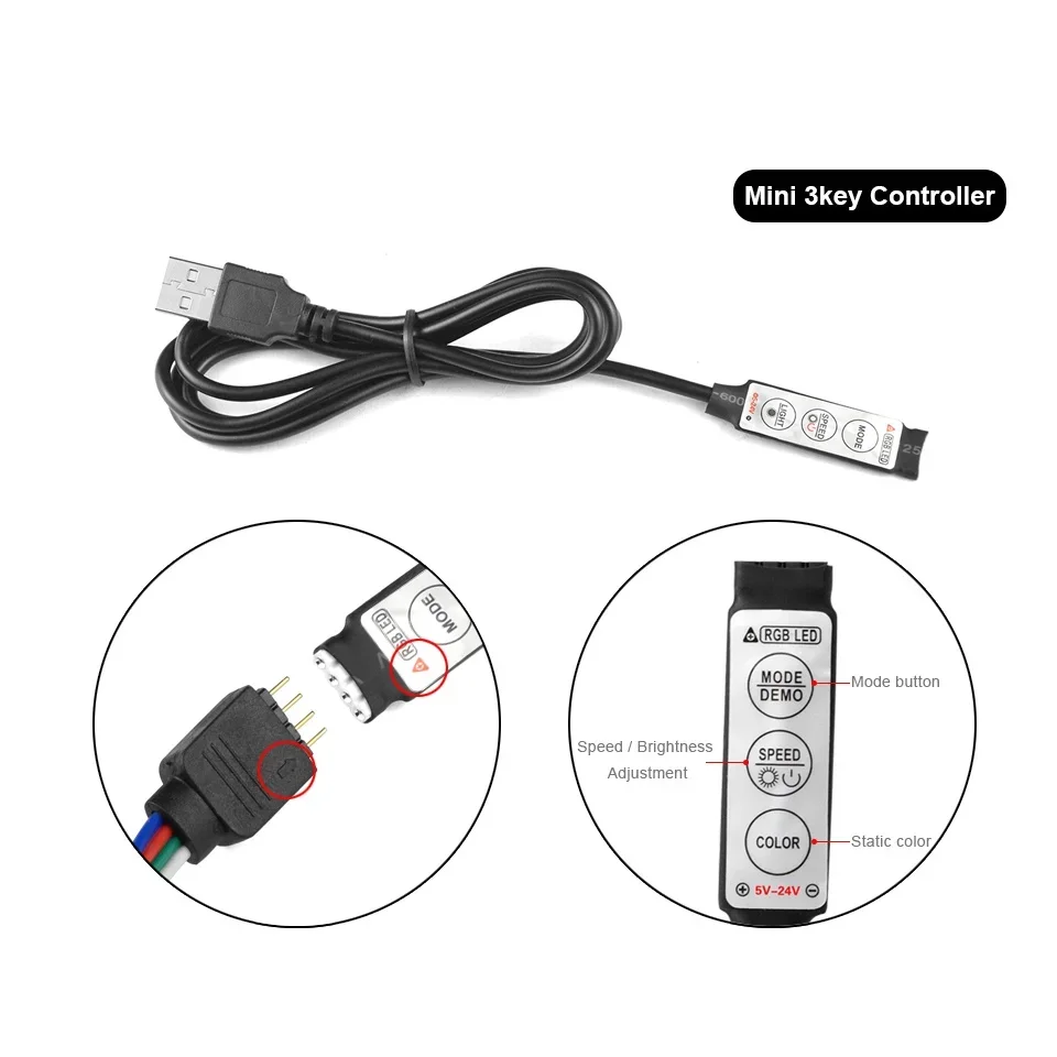 Contrôleur RGB 0.5m, câble de connecteur Mini USB 5V, variateur de ligne 4 broches, 3 touches pour bande lumineuse RGB 2835 5050 3528, lumières SMD