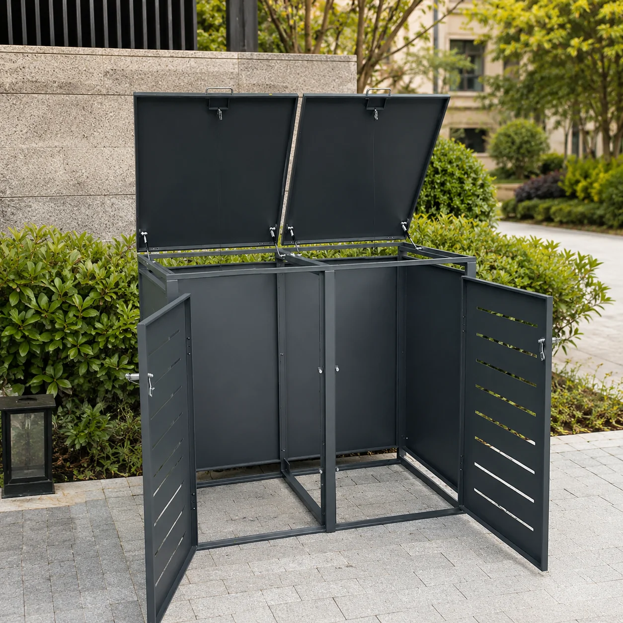 Dual Compartment Metal Waste Bin Storage Cabinet Lockable Outdoor Public Recycling Trash Enclosure For Park Community Street