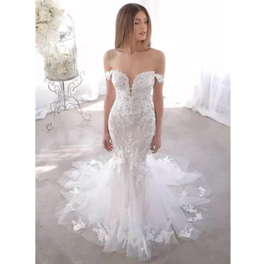 Fora do ombro sereia vestido de casamento com alta qualidade frisado rendas apliques vestido de noiva feito sob encomenda