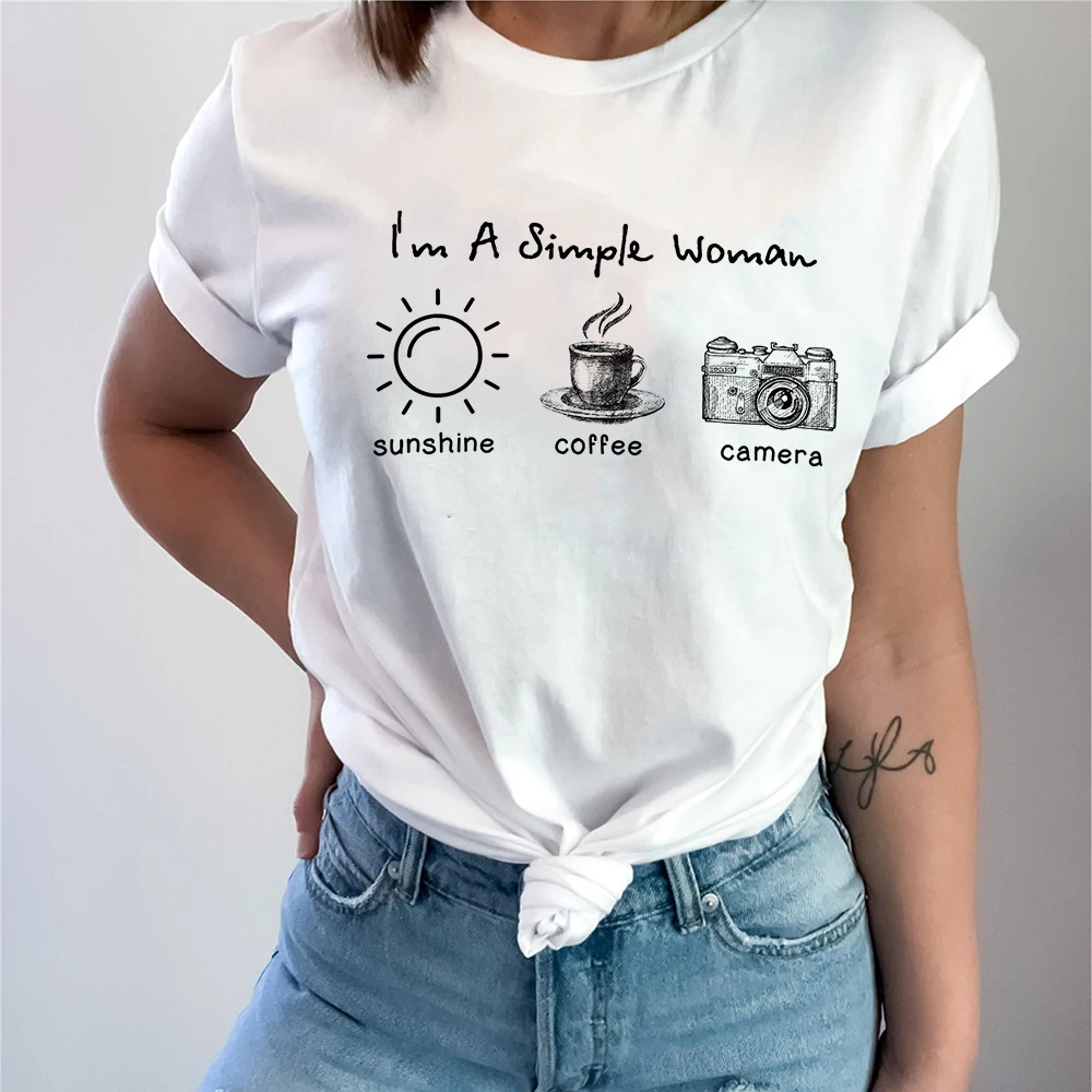 I'm A Simple Woman Sunshine Coffee and Camera White Shirt Women's Crew-Neck T-Shirt Grunge Aesthetic Slogan Camiseta Tees Tops