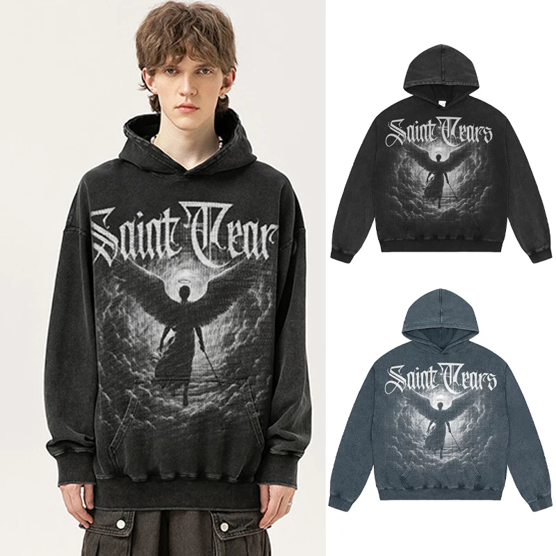 Vintage Washed Black Blue Saint Hoodies Chaopai Men Woman Good Quality Angel Print Pullover Sweatshirts