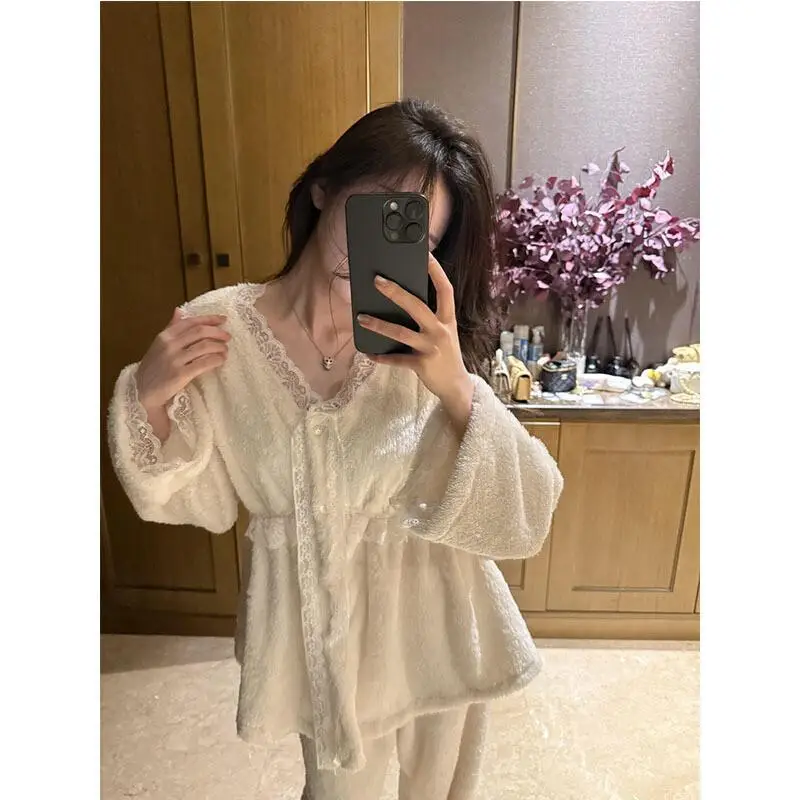 

Sleepwear Women Pajama Set Flannel Fleece Winter New Sweet Lace Homewear Outfit Set Casual Outfit Cute Kawaii Nightwear