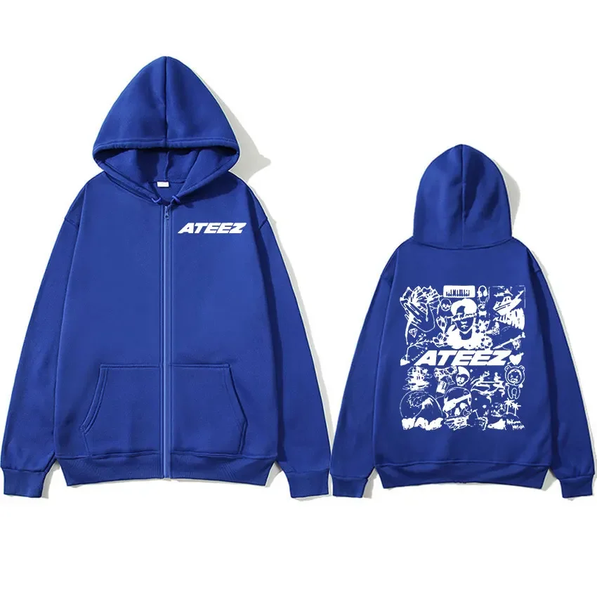 Korean Band Ateez Music Album Zipper Hoodie Men\'s Women Hip Hop Fashion Oversized Zip Up Sweatshirt Retro Pullover Coats Hoodies